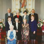 Seated: Elsie (Scaer) Roehm. Row 2: Ella (Roehm) Thieme, Amy (Schumm) Boenker, Helen (Roehm) Schwartz, Florence (Schumm) Miller. Row 3: Walter Roehm, Esther (Schumm) Krueckeberg, Mary (Schumm) Grote, Elmer Schumm. 1997 photo, funeral of Hilda (Scaer) Schumm, sister of Elsie.