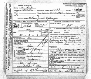Adam Jacob Pflueger death certificate, Van Wert County, Ohio, 1919.
