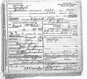 Elizabeth Pflueger death certificate, 1913.