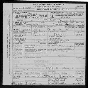 Friedericka Becher death certificate, 1951, Mercer County, Ohio. 