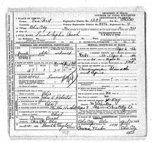 Sarah Beach, Ohio death certificate, 1926.