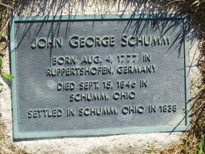 Plaque behind Johann Georg Schumm tombstone, Zion Lutheran Cemetery, Schumm, Van Wert County, Ohio. (2011 photo by Karen)