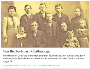 "From Bierbach to Chattanooga." "The Bierbach emigrants Jacob Mueller (sitting) in 1900 with his large family. In 1871 he went to the USA, where he was a farmer in Ohio."